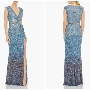 MAC DUGGAL  5489 CAP SLEEVE SEQUIN V-NECK THIGH SLIT BLUE OMBRE TRUMPET GOWN 0